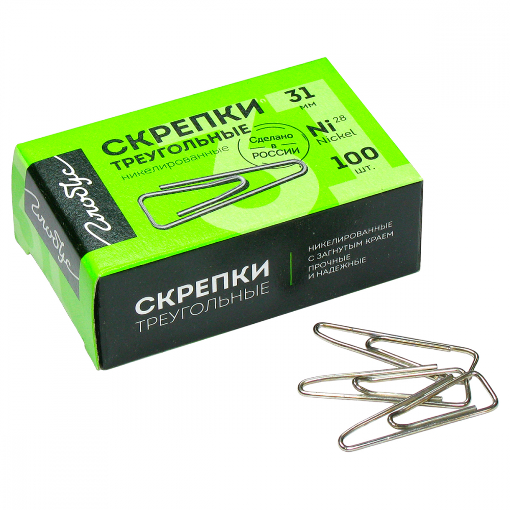 Скрепки 31мм, Globus, 100шт., никелированные треугольные, с отогнутым носиком