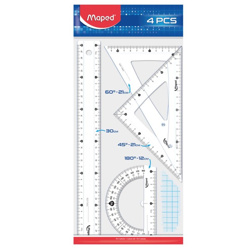 Набор чертежный Maped: линейка 30 см, треугольник 45 и 60 гр, транспортир 180 гр, прозрачный