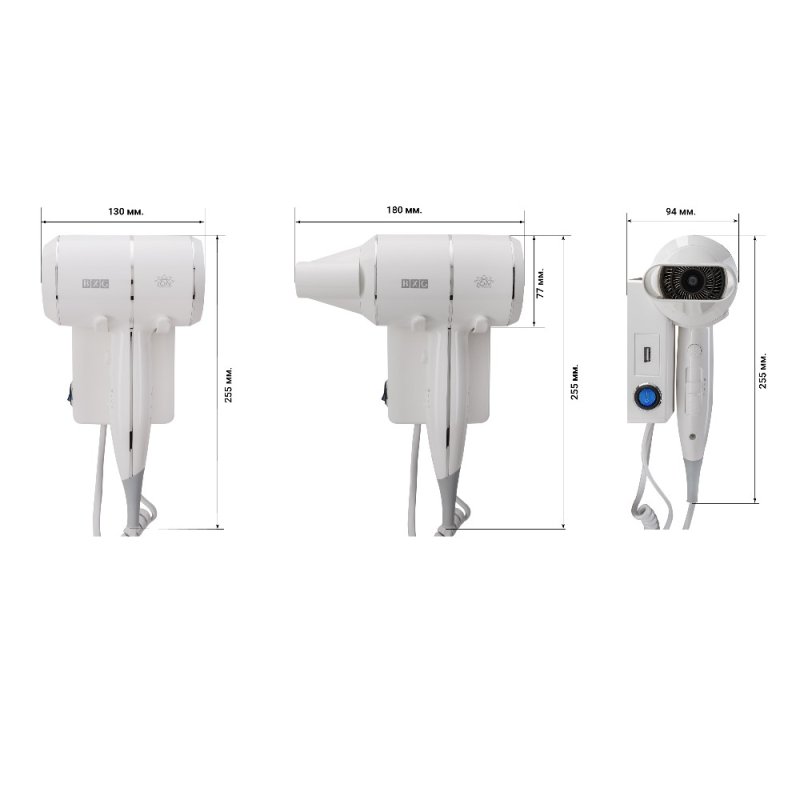 Фен настенный BXG-1600Н1, ABS-пластик, белый