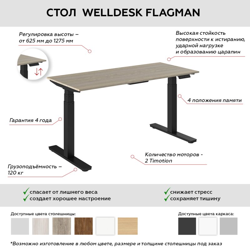 Стол подъемный WellDesk Flagman (регулируемый по высоте каркас арт. 9022026 и столешница арт. 9190094)