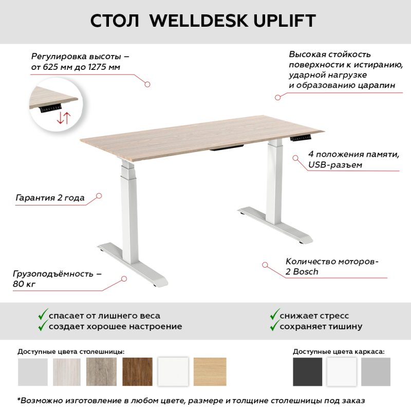 Стол подъемный WellDesk Uplift BOSCH (регулируемый по высоте каркас арт. 9054429 и столешница арт. 9190094)