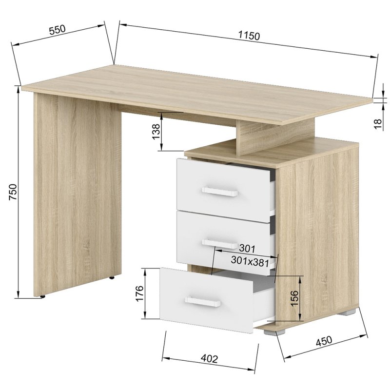 Коллекция ОСЛО Стол письменный Д-СП1, 1150х550х750, дуб Сонома, белый