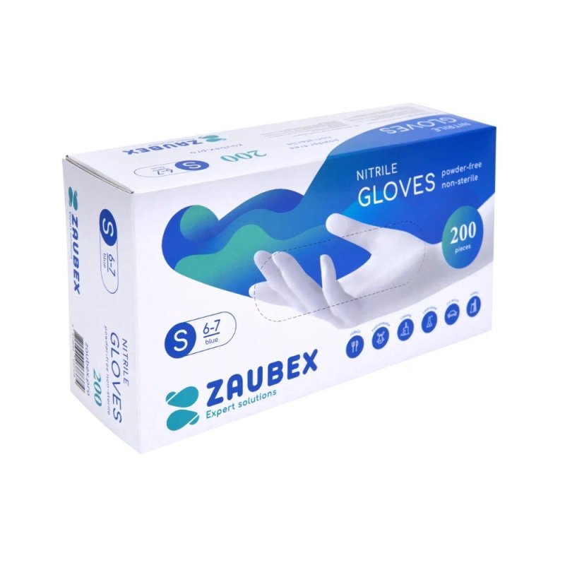 Перчатки нитриловые неопудренные Zaubex, одноразовые, р-р S, 200 шт/уп, голубой
