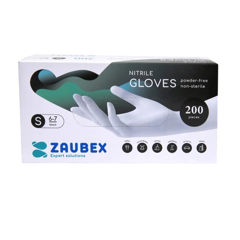 Перчатки нитриловые неопудренные Zaubex, одноразовые, р-р S 200 шт./уп. черный