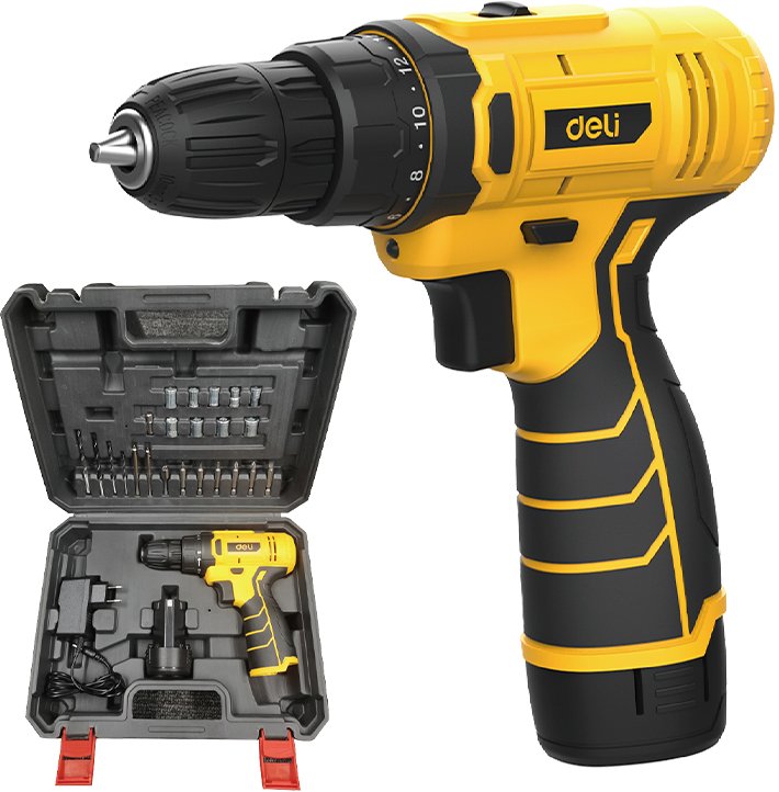 Аккумуляторная дрель-шуруповерт Deli YS EDL-DZ12-6A2 12 В, 30 Нм, 1 АКБ, 2 Ач, набор оснастки, кейс