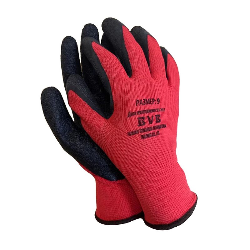 Перчатки трикотажные п/э BVB с рельефным латексным покрытием, 13 кл. вязки, р-р 10, красный, черный