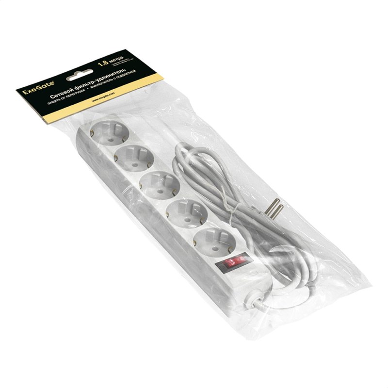Сетевой фильтр ExeGate SP-5-1.8W, EX221174RUS, 5 розеток, 1.8 м, белый