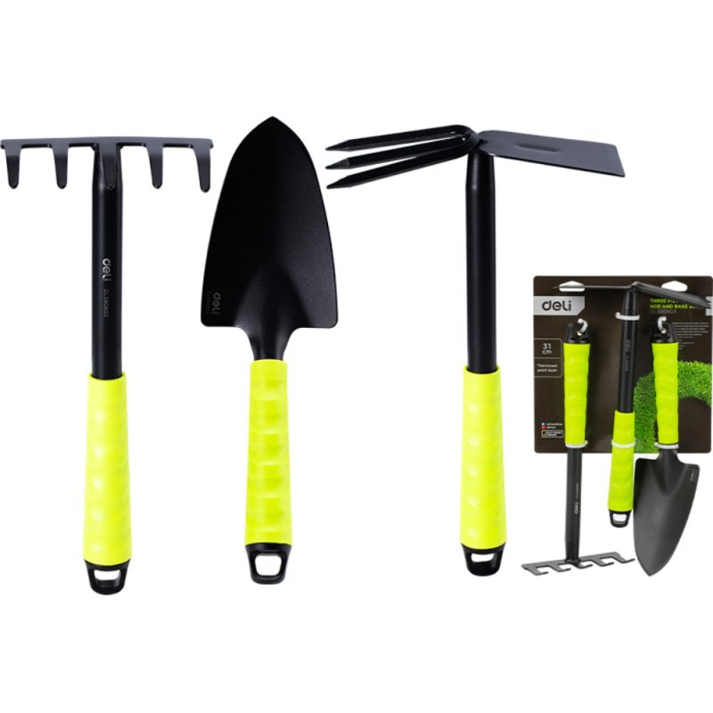 Набор садовых инструментов Deli GS EDL580803, 310 мм, 3 шт., лопата, мотыга, грабли, зеленый, черный