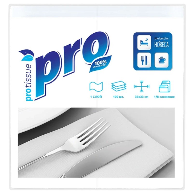 Салфетки бумажные PROtissue 33х33см, 1 слой, 1/8 - сложение, цв.белый, 100 листов