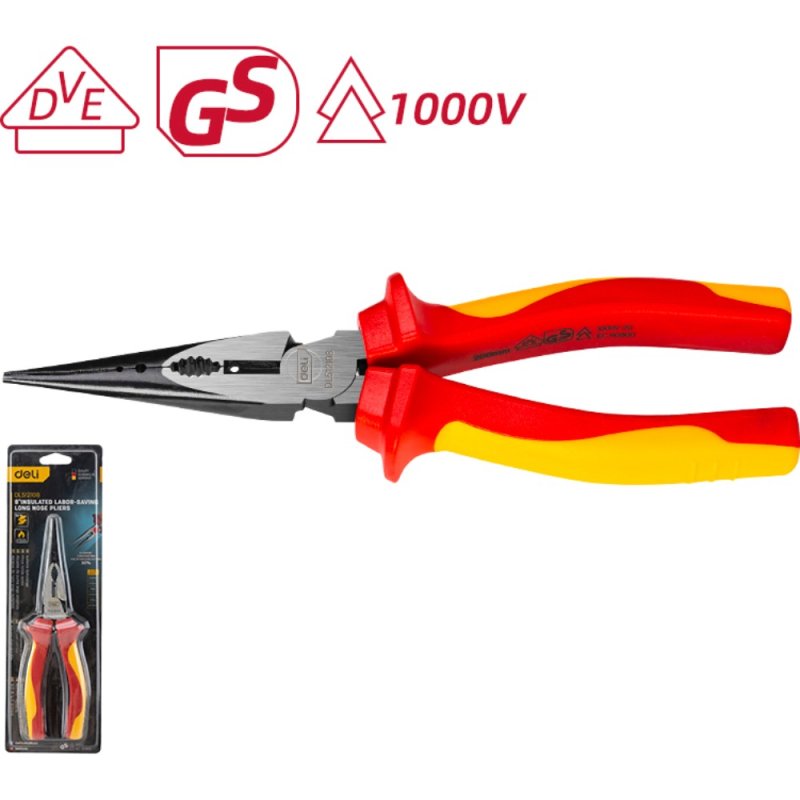 Длинногубцы диэлектрические Deli YS EDL512108, 200 мм, красный, желтый
