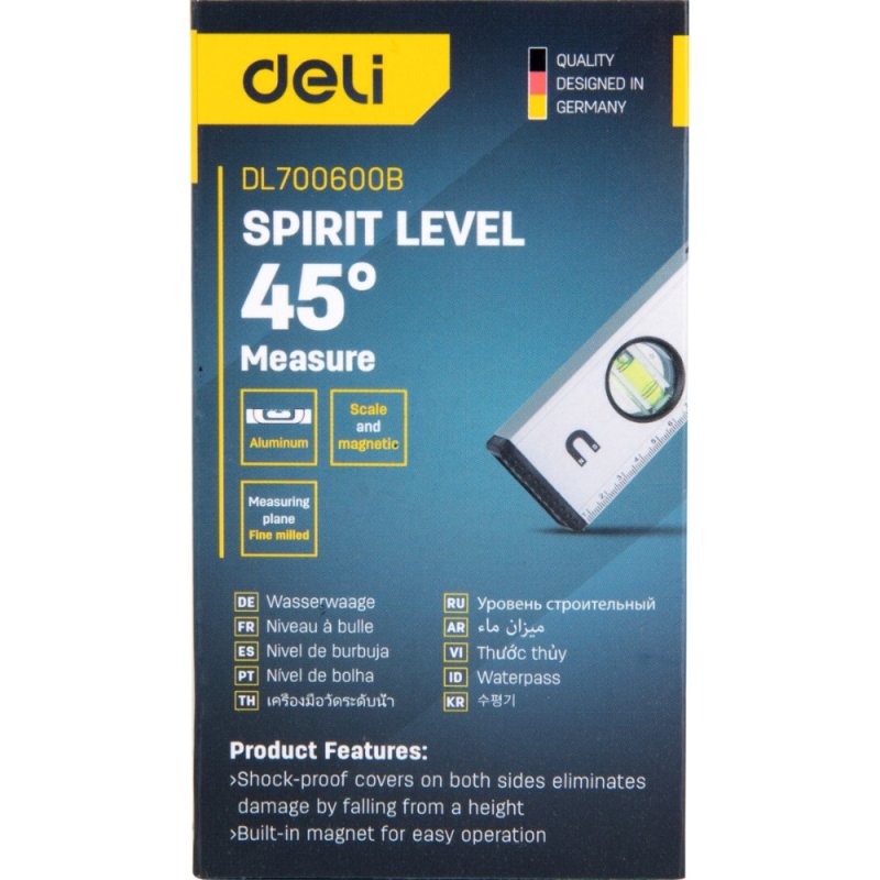 Уровень строительный Deli YS EDL700600B, 600 мм, магнит, алюминиевый сплав