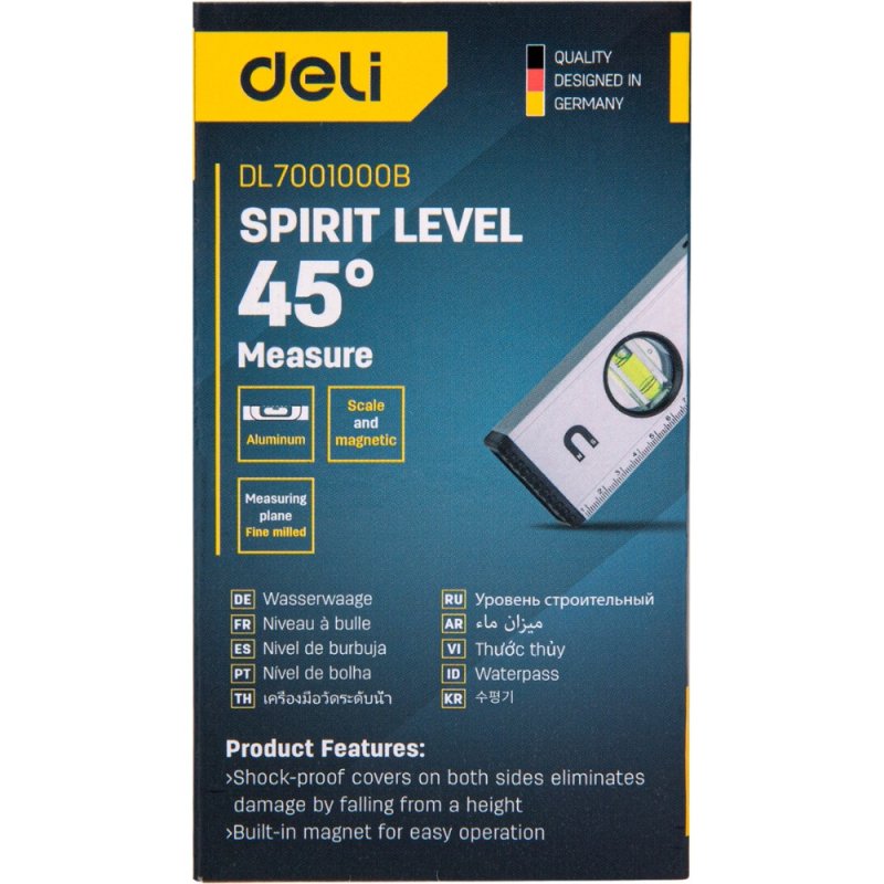 Уровень строительный Deli YS EDL7001000B, 1000 мм, магнит, алюминиевый сплав
