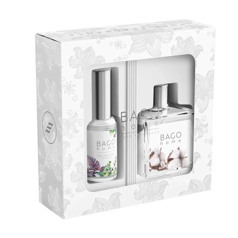 Набор ароматический BAGO HOME (диффузор свежий хлопок 50мл, спрей мята и базилик 30мл)