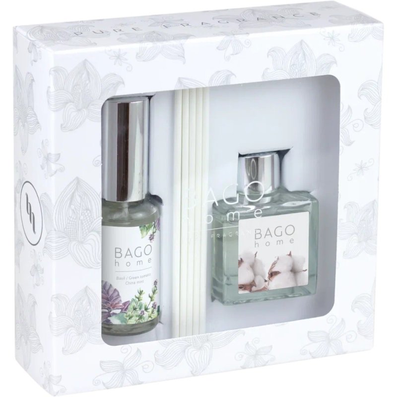 Набор ароматический BAGO HOME (диффузор свежий хлопок 50мл, спрей мята и базилик 30мл)