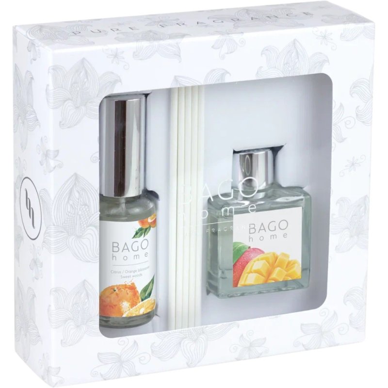 Набор ароматический BAGO HOME (диффузор манго 50мл, спрей сочный апельсин 30мл)