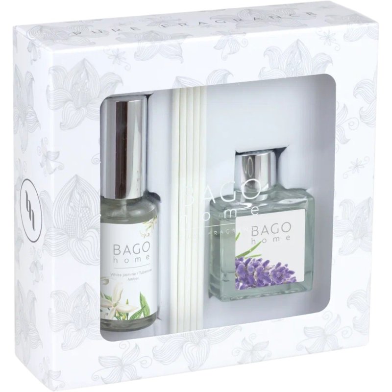Набор ароматический BAGO HOME (диффузор лаванда 50мл, спрей белый жасмин 30мл)