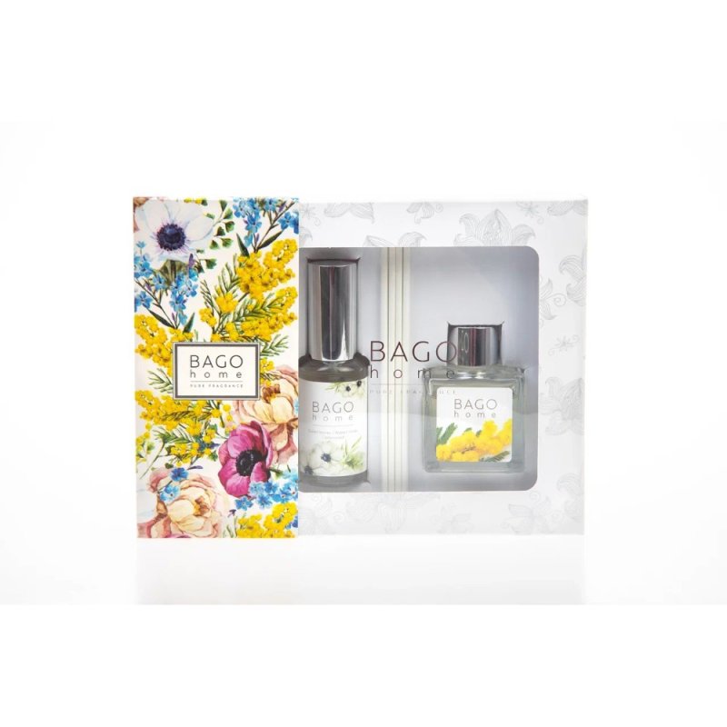 Набор ароматический BAGO HOME (диффузор мимоза 50мл, спрей первые цветы 30мл)
