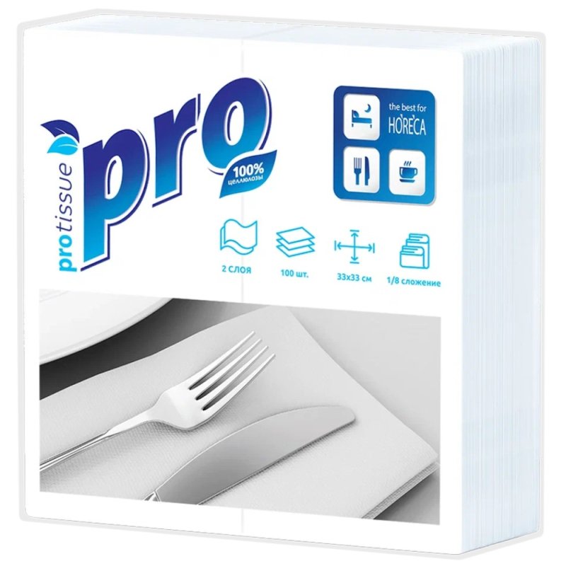 Салфетки бумажные PROtissue, 33х33см, 2 слоя, 1/8 - сложение, белый, 100 листов