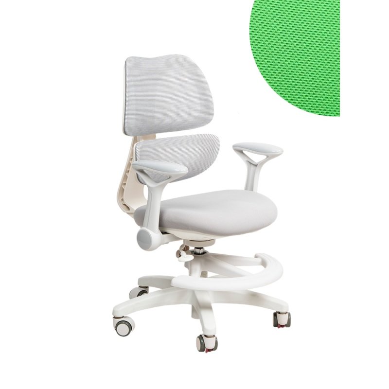 Кресло детское Ergosmart Antey, ткань, пластик, корпус белый, подставка для ног, с чехлом салатовым, серый