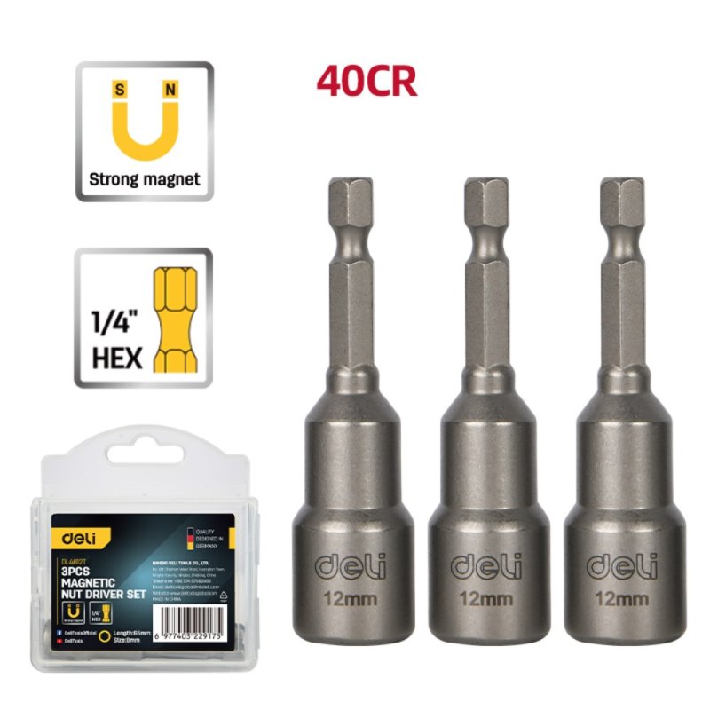 Набор насадок шестигранных магнитных Deli YS EDL4812T, 12 мм, 3 шт, HEX 1/4