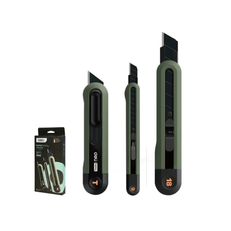 Набор ножей строительных Deli HSEHT4003L, 3 шт (ножи 9мм/18мм/трапеция), Soft Touch, зеленый
