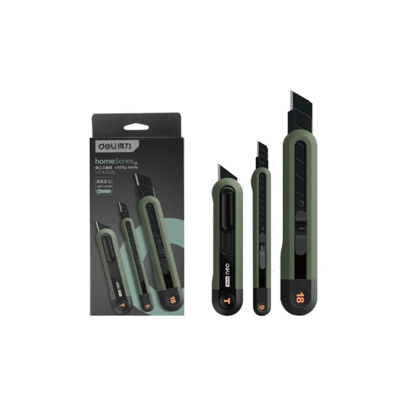 Набор ножей строительных Deli HSEHT4003L, 3 шт (ножи 9мм/18мм/трапеция), Soft Touch, зеленый