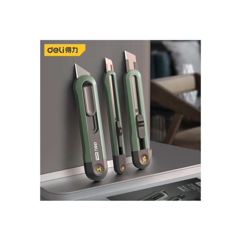 Набор ножей строительных Deli HSEHT4003L, 3 шт (ножи 9мм/18мм/трапеция), Soft Touch, зеленый