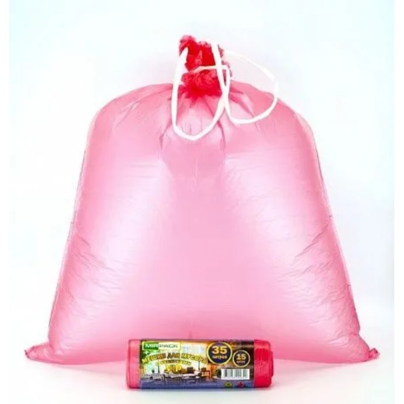 Мешки для мусора, 35л, 15шт/рулон, ПНД, Mirpack Vip, 18 мкм, 50х60см, красный, с завязками