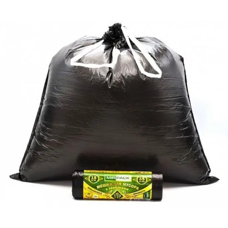 Мешки для мусора 35 л, 15 шт/рулон, ПНД, Mirpack Vip, 18 мкм, 50х60см, черный, с завязками
