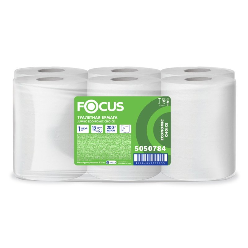 Бумага туалетная Focus Eco, 200 метров, 1 слой, 100% целлюлоза