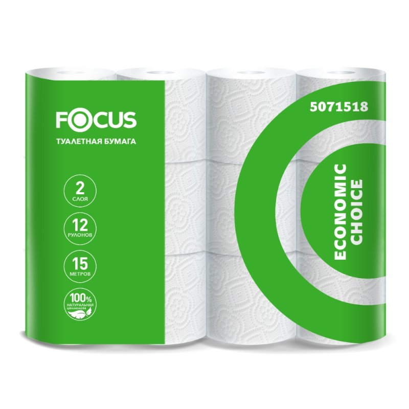 Бумага туалетная Focus Eco, 15 метров, 2 слоя, 12 рулонов, 100% целлюлоза