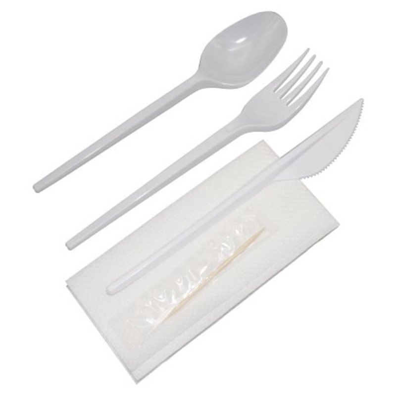Набор приборов одноразовых (вилка+ложка ст.+нож+салфетка+зубочистка), 200 шт/упак, пластик, белый