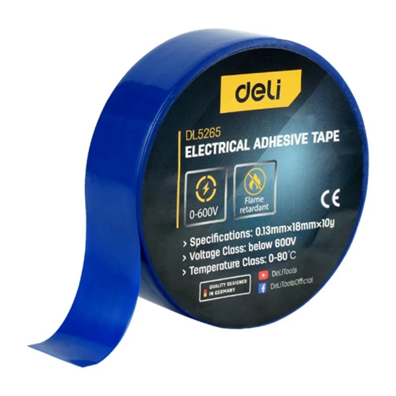 Изолента ПВХ Deli YS EDL5265, 18 мм x 10 м, 130 мкм, синяя