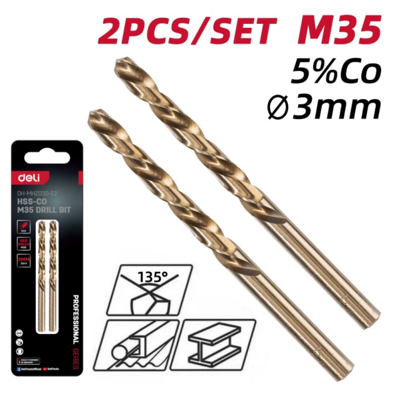 Сверло по металлу Deli RS EDH-MHZ030-E2, 2 шт, 3.0 мм, DIN 338, HSCo 5%