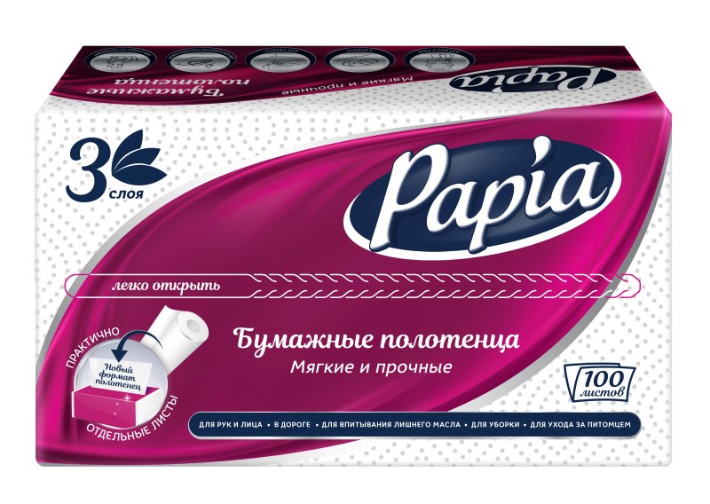 Бумажные полотенца Papia, V - сложение, 100 листов, 3 слоя