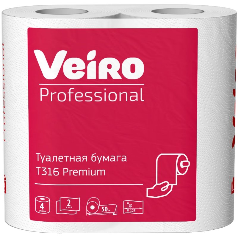 Бумага туалетная Veiro Professional Premium, в стандартных рулонах, 4 рулона, 50 м, 2 слоя
