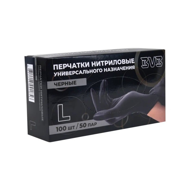 Перчатки нитриловые неопудренные одноразовые BVB, р-р L, 100 шт/уп., черный