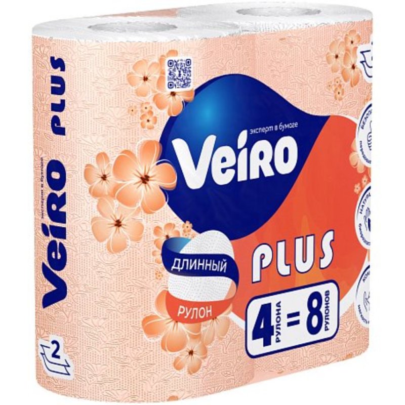 Бумага туалетная Veiro Plus, 4 рулона, 2 слоя, белый