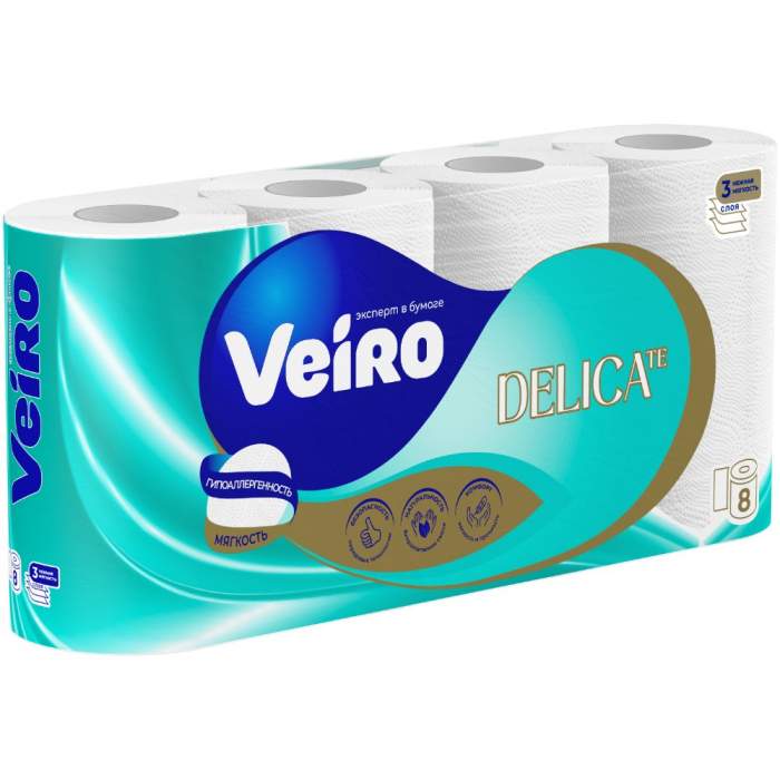 Бумага туалетная Veiro Delicate, 8 рулонов, 3 слоя, белый
