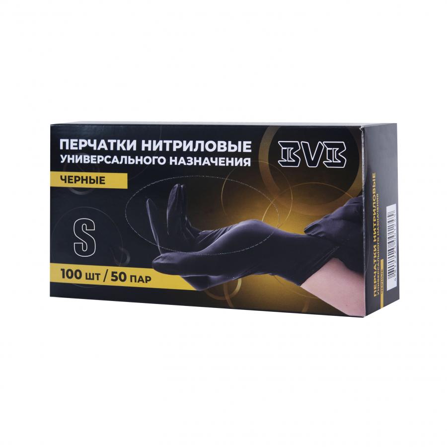 Перчатки нитриловые неопудренные одноразовые BVB, р-р S, 100 шт/упак, черный