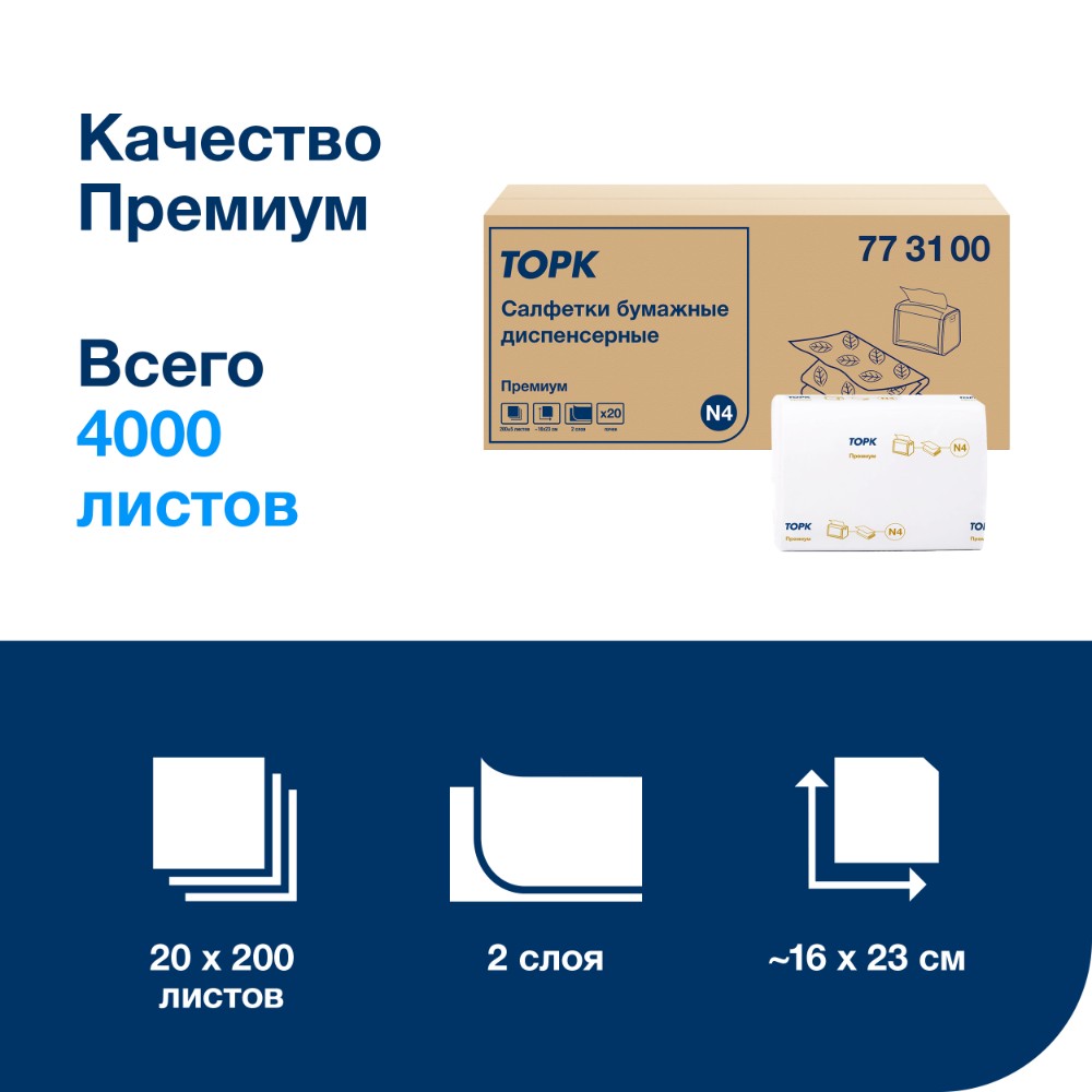 Салфетки ТОРК Экспресснап Премиум для диспенсера N4, 200 шт/упак, 2 слоя, белый (773100)
