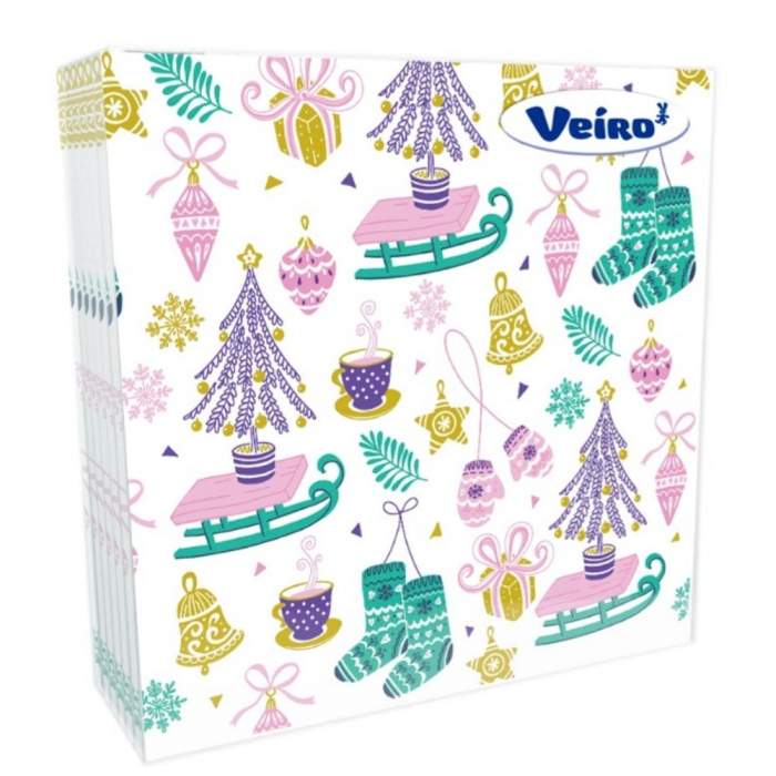 Салфетки бумажные Veiro, 33х33 см, с рисунком Елки и санки, 20 шт