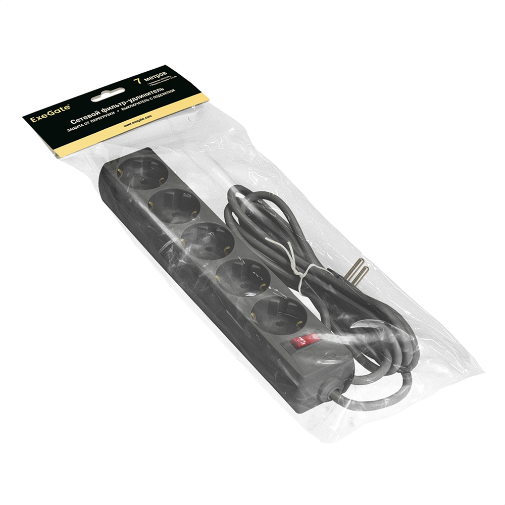 Сетевой фильтр ExeGate SP-5-7B, EX279179RUS, 5 розеток, 7 м, черный