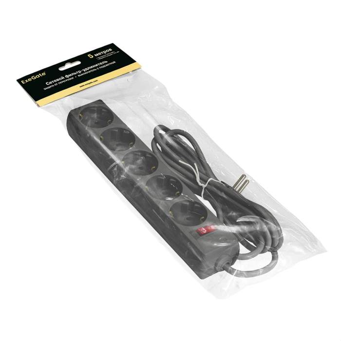 Сетевой фильтр ExeGate SP-5-5B, EX221188RUS, 5 розеток, 5 м, черный