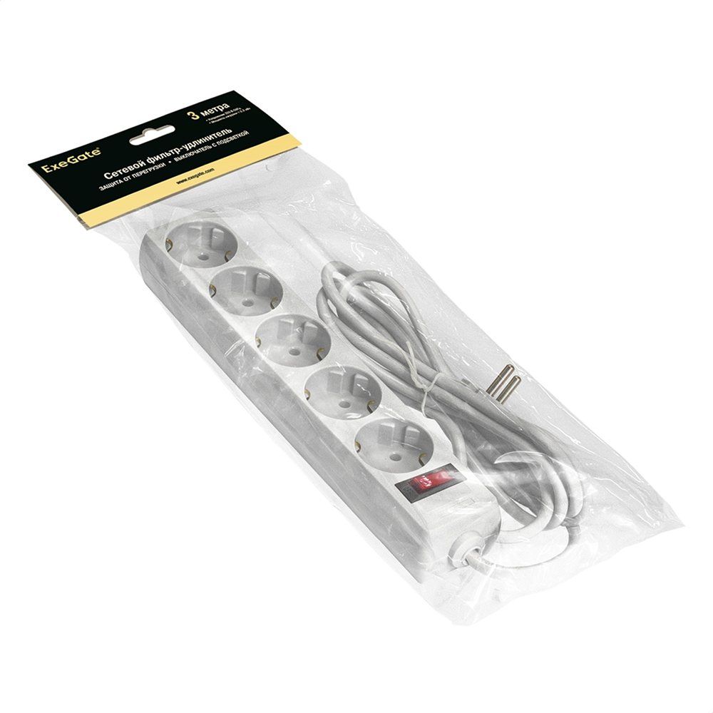 Сетевой фильтр ExeGate SP-5-3W, EX221187RUS, 5 розеток, 3 м, белый