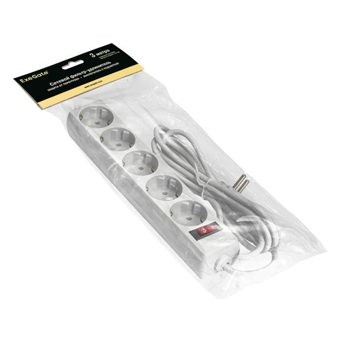 Сетевой фильтр ExeGate SP-5-3W, EX221187RUS, 5 розеток, 3 м, белый