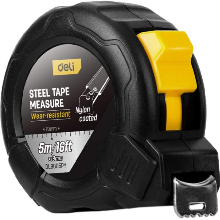 Рулетка Deli YS EDL9005PY, 5 м х 19 мм, нейлоновое покрытие, черный