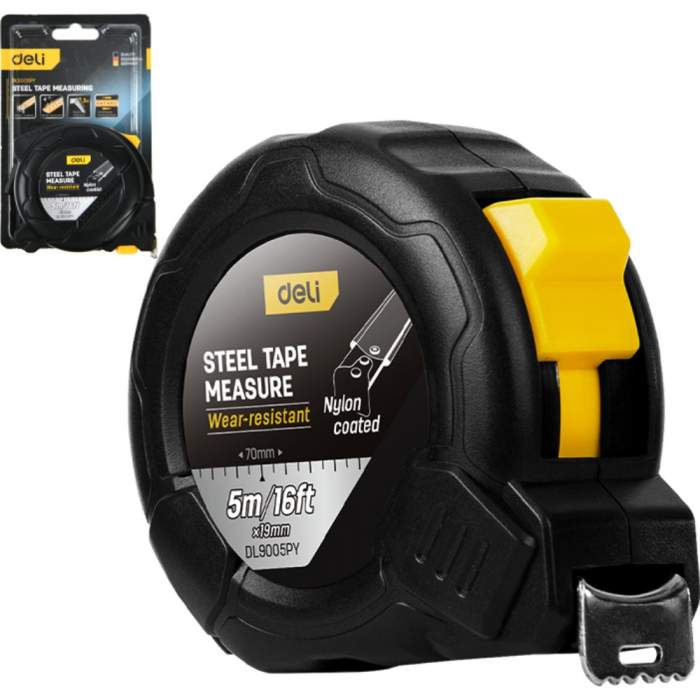 Рулетка Deli YS EDL9005PY, 5 м х 19 мм, нейлоновое покрытие, черный