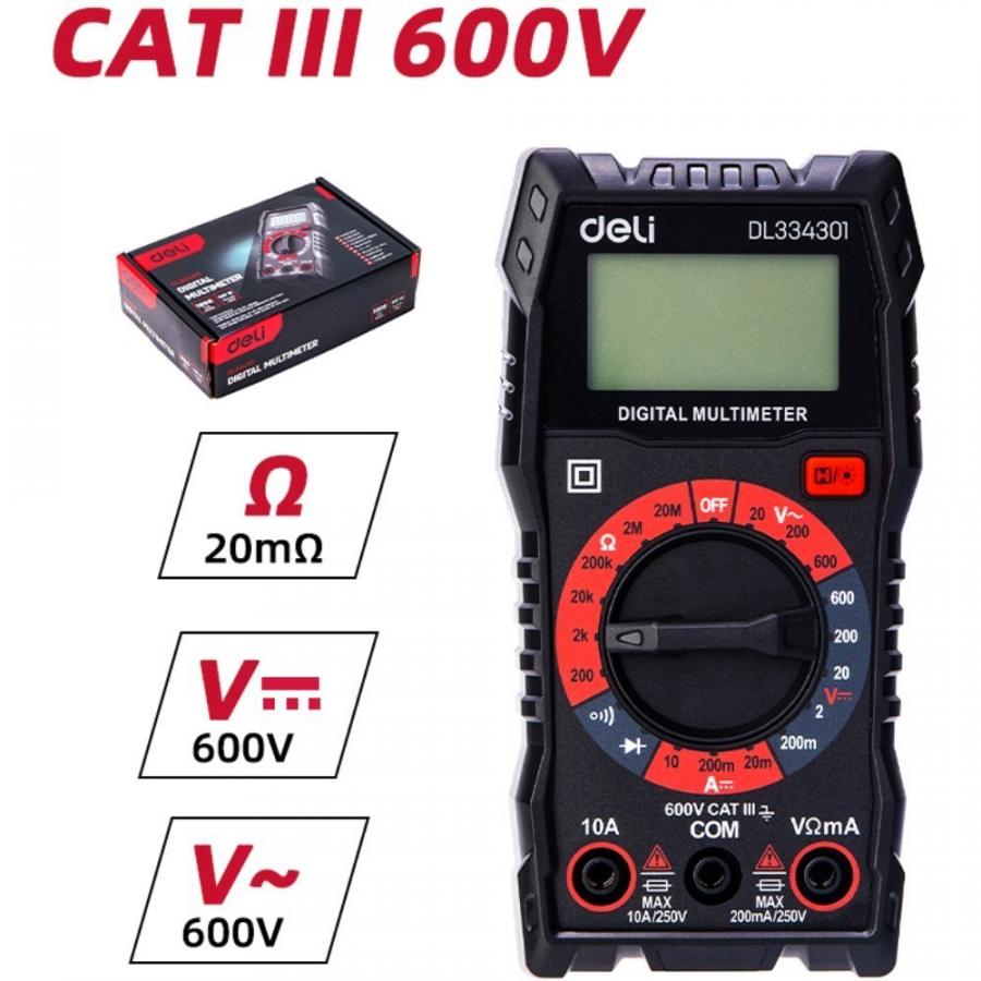 Мультиметр цифровой Deli RS EDL334301, 600В, универсальный, черный