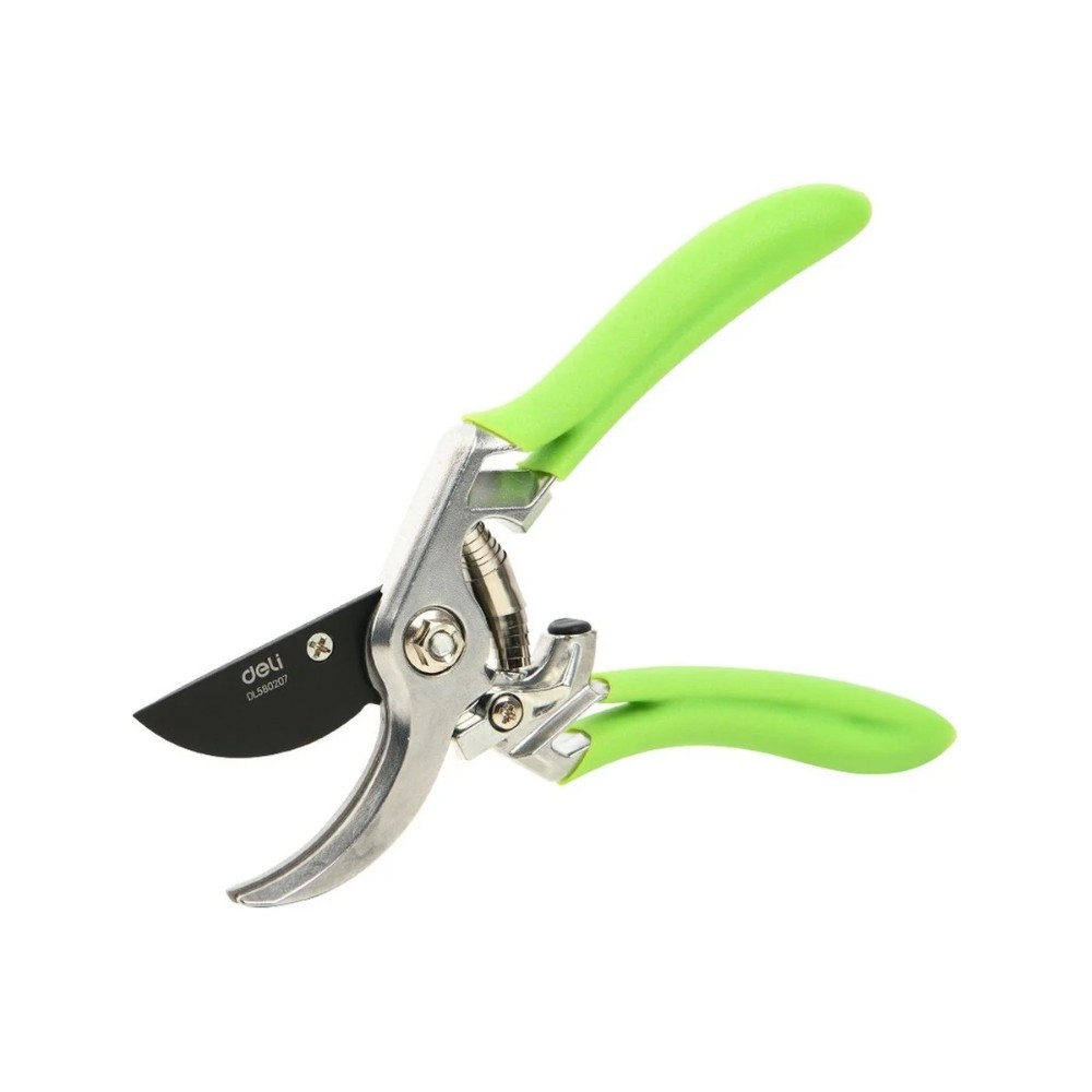Секатор садовый цельнокованный Deli GS EDL580207, пружина, тефлон, 215 мм., черный, зеленый